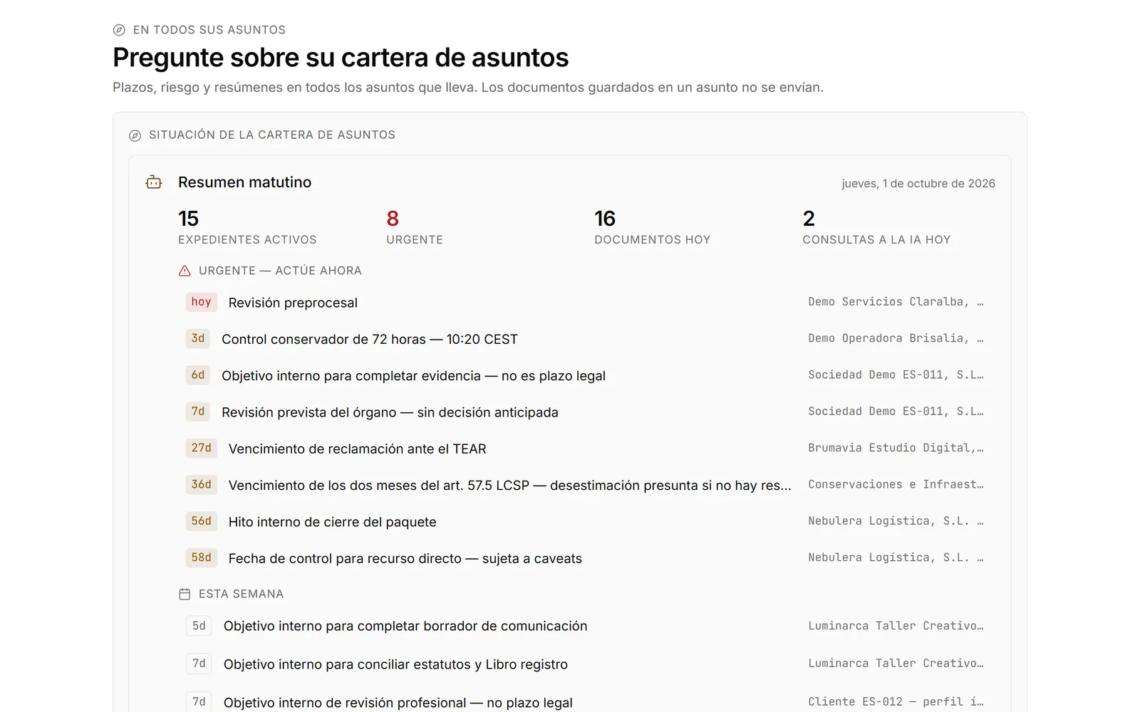 Resumen matutino de todo el despacho, con los expedientes activos y los plazos urgentes, los días que quedan y el expediente al que corresponde cada uno